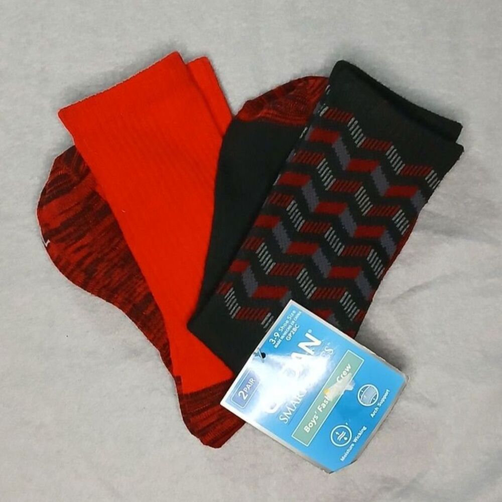 2 pr Gildan Crew Socks Arch Support Moisture Wicking Black Red Youth Boys 3 - 9